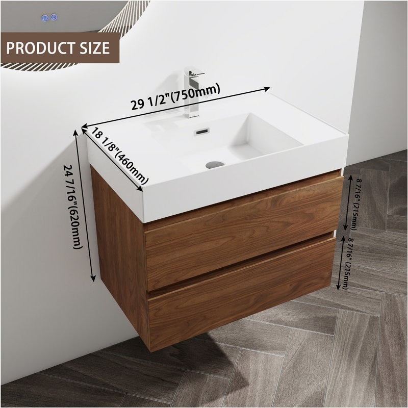 Meuble-lavabo mural 30 po avec lavabo en résine, 2 tiroirs à fermeture en douceur, ensemble KD