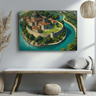 Wall Art Canvas Riverside Fortress Aerial Historical Castle Ready To Hang Gallery Wrapped Home Decor Modern Design Premium Quality