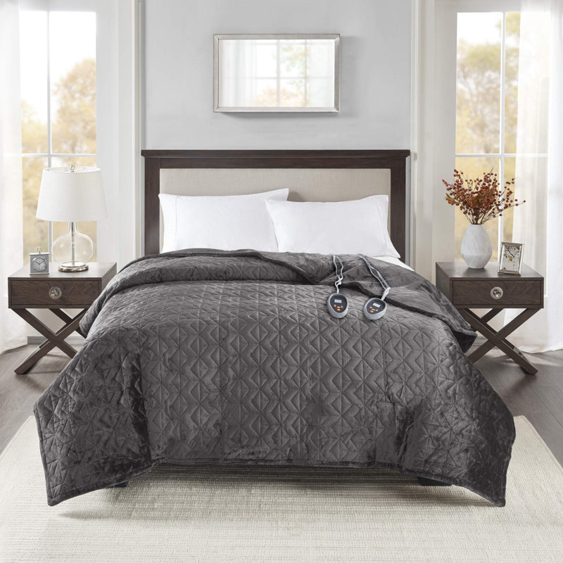 Couverture matelassée chauffante en peluche, gris, 11.26