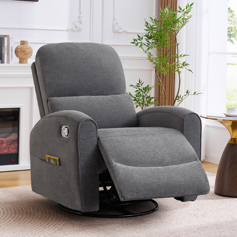 32" W Modern Upholstered Swivel Rocker Glider Nursery Recliner with Adjustable Headrest, Lumbar Support, Gray Chenille