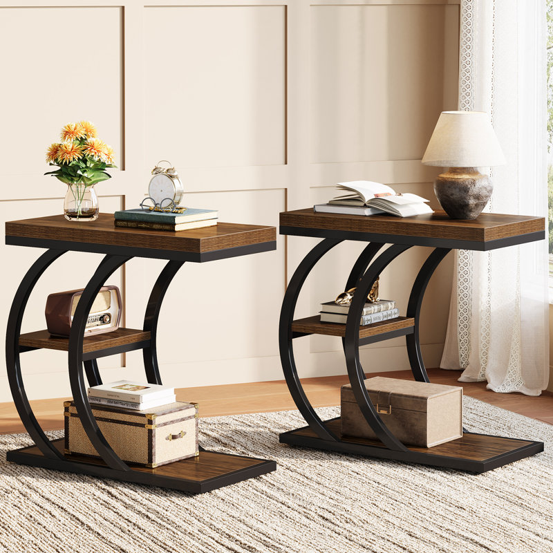 Table de bout en C à 3 niveaux pour le salon, Rustic Brown, Set of 2