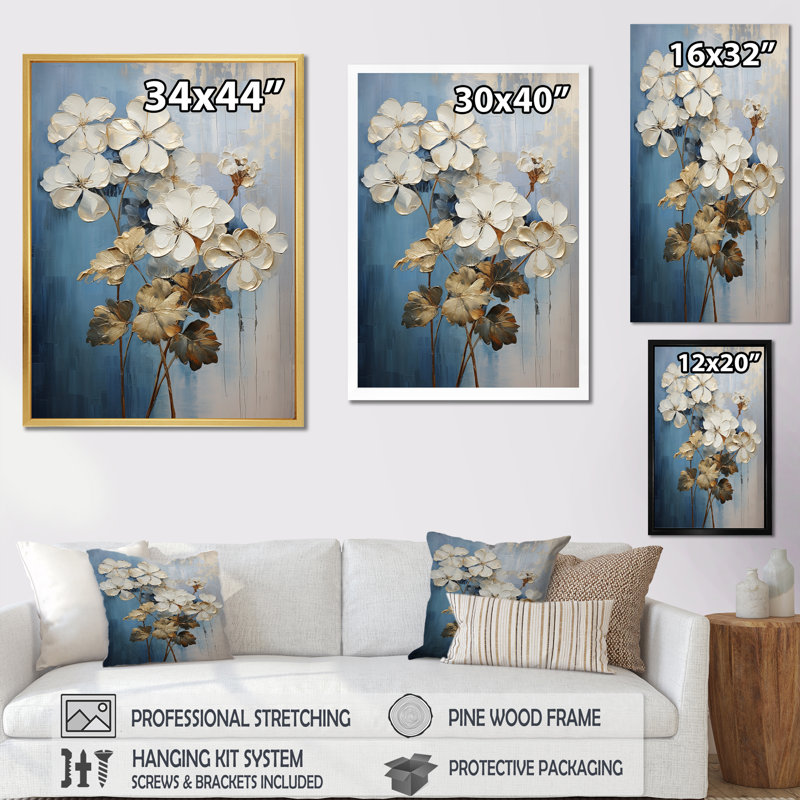 Minimalisme, géraniums bleus et blancs sur toile, Cadre naturel flottant, H 40 po x l 30 po x P 1,5 po