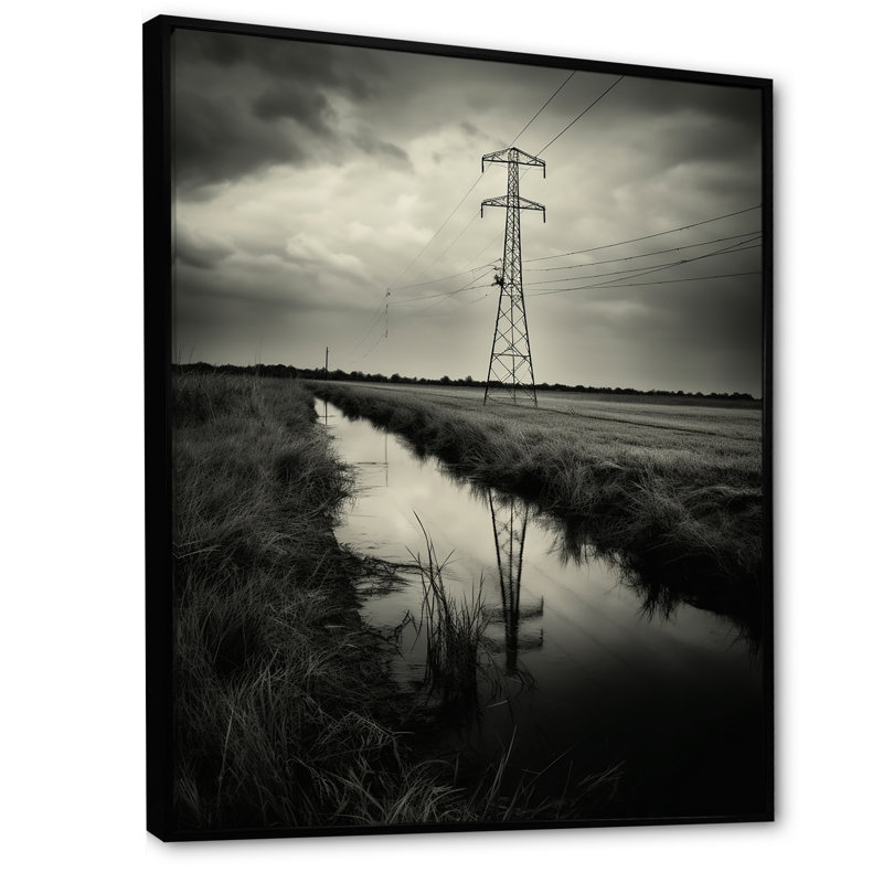 Lignes électriques noires et blanches Horizon II sur toile, Cadre flottant noir, H 40 po x l 30 po x P 1,5 po