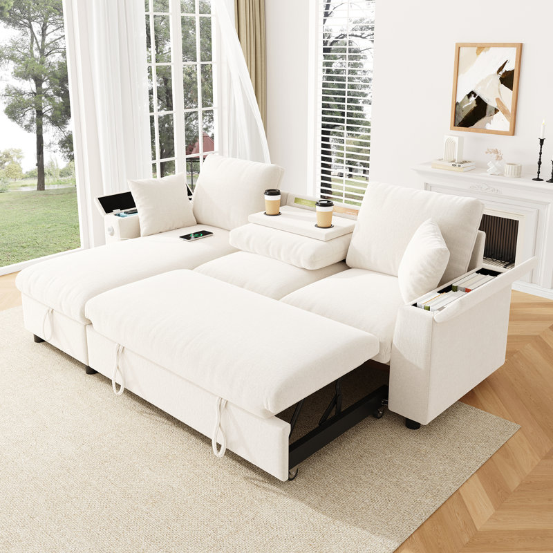 Reversible Sleeper Sofa with Storage Chaise & USB Ports, Beige