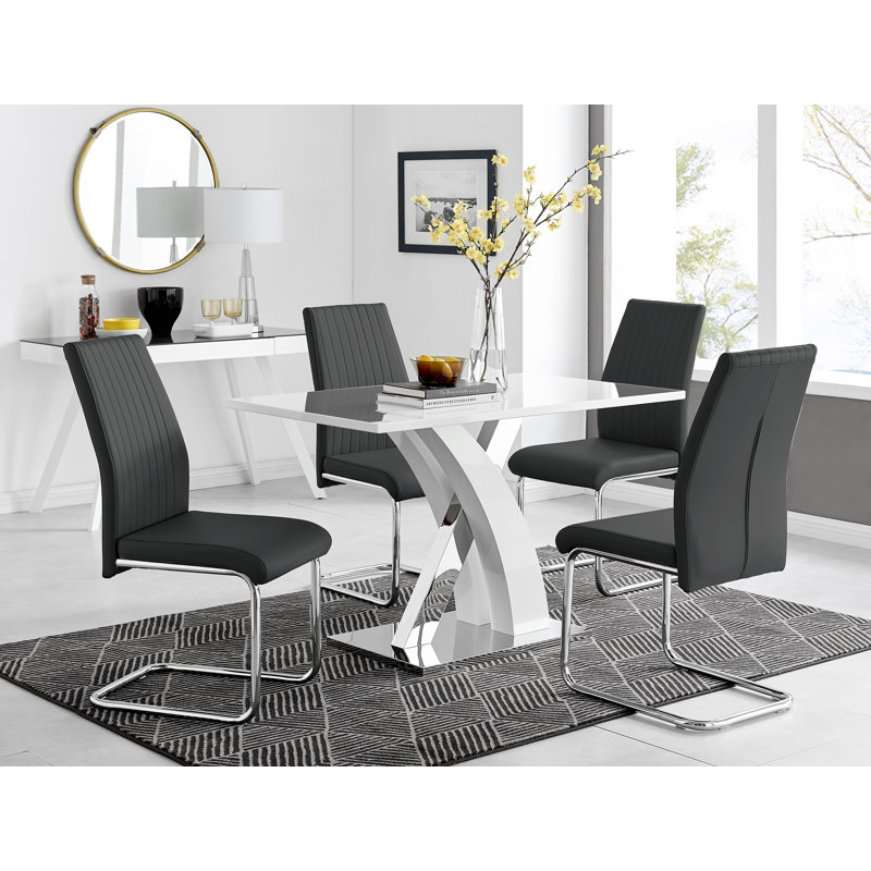 Marietta Chrome Metal and White High Gloss Dining Table Set - 4 Luxury Faux Leather Dining Chairs, Black
