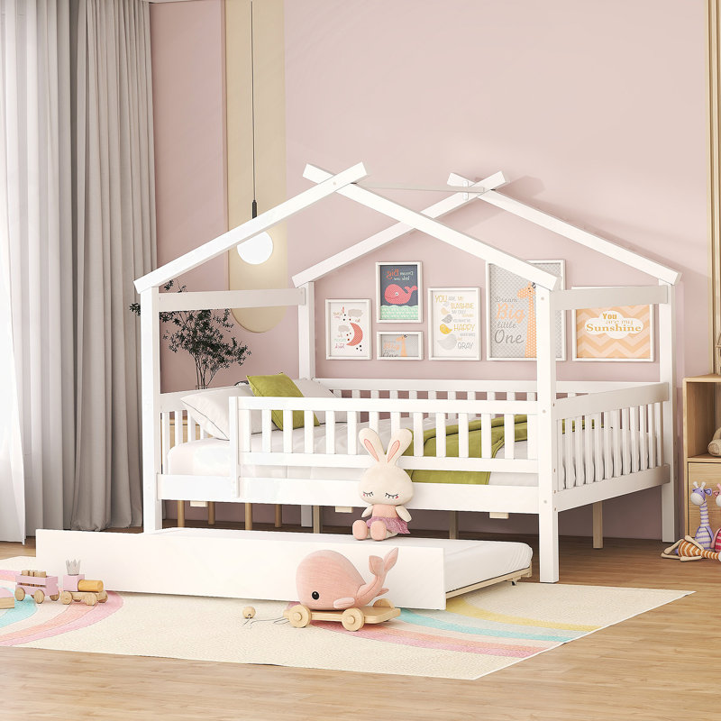 Lit double en bois avec lit gigogne simple, Blanc