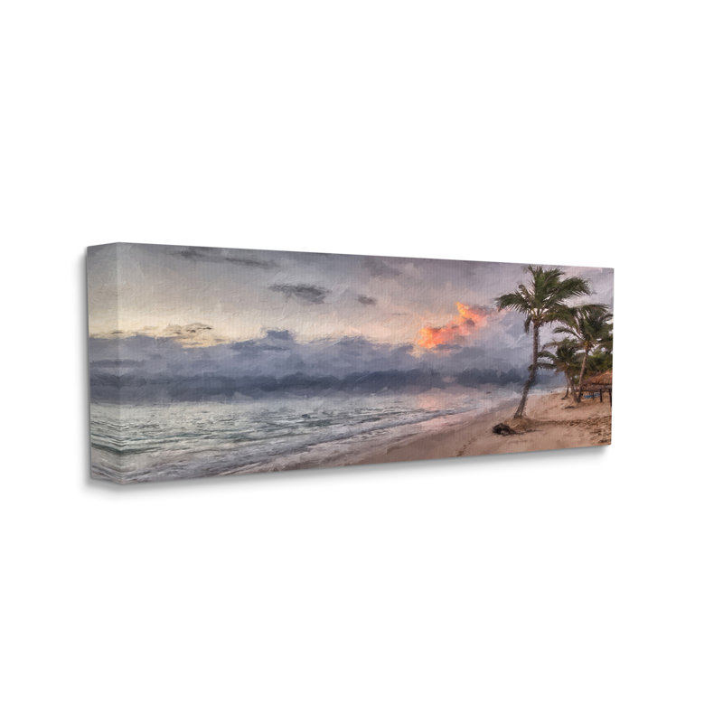 «Tropical Sunset Palm Trees Coast» par Kim Curationa - impression, H 10 po x l 24 po x P 1,5 po, Toile tendue