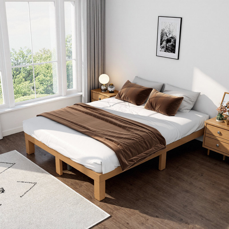 Grand lit plateforme en bois massif - brun chaud et blanc vif, support à lattes, sans sommier, assemblage en 30 minutes
