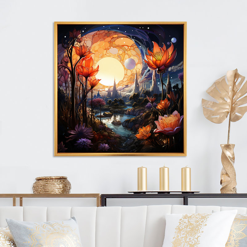 Ville de fleurs, paysages fantastiques I sur toile, Cadre flottant doré, H 36 po x l 36 po x P 1,5 po