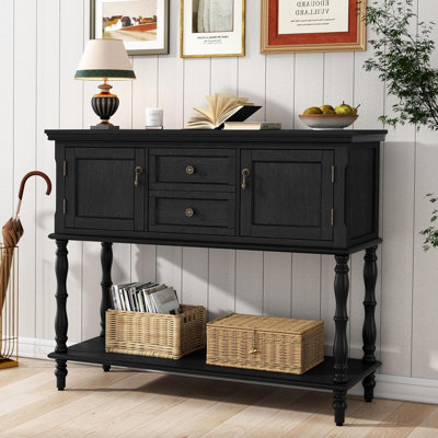  Vintage Black Console Table 42" with 2 Drawers, 2 Door Cabinet & Open Shelf – Narrow Sofa Table for Entryway, Living Room, Hallway – Rustic Farmhouse Accent Furniture – Black