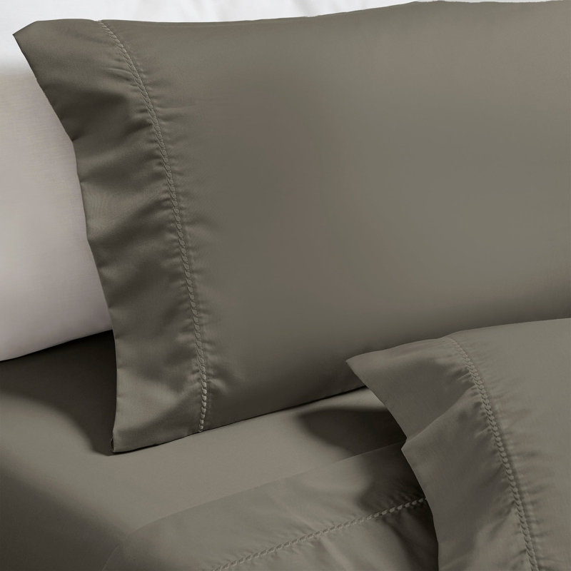 Ensemble de draps en coton mélangé à ourlet brodé 600 fils imperia, Gris, Ensemble de draps pour grand lit TG avec 2 taies d
