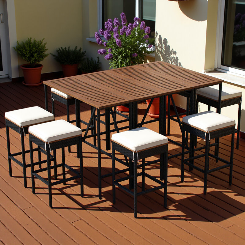 10-piece Outdoor Acacia Wood Bar Height Table And Eight Stools With Cushions, Garden Pe Rattan Wicker Dining Table, Foldable Tabletop, High-dining Bistro Set, All-weather Patio Furniture, Brown