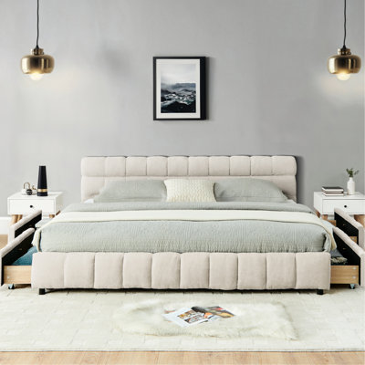 Très grand lit, lit plateforme tapissier, beige, chenille épaisse, rangement de tiroir, sommeil confortable, cadre de lit beige facile à atteindre avec tête de lit moelleuse, tiroirs pour un rangement efficace