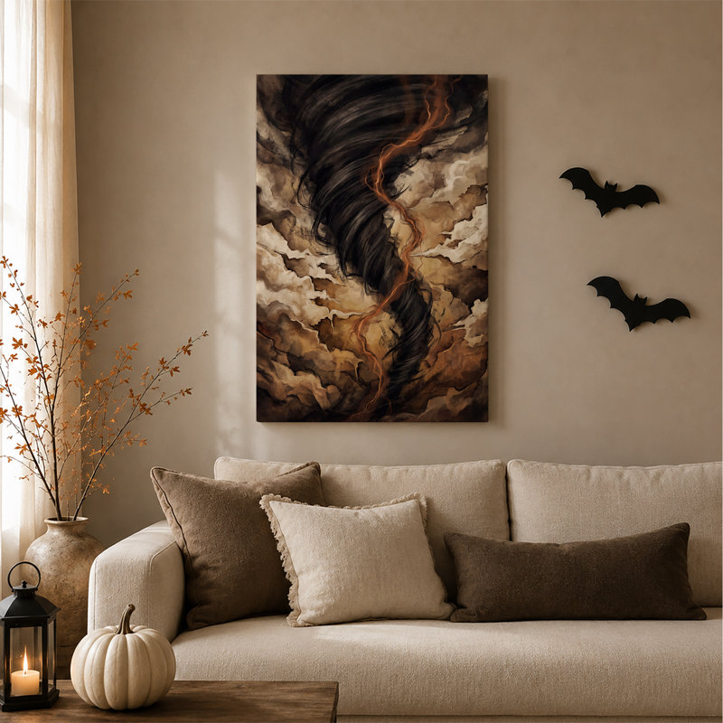 Toile murale représentant un tourbillon sombre de tornade avec une touche d'orange pour l'Halloween, H 18 po x l 12 po