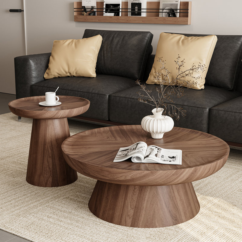 Table basse ronde en noyer rustique 35,43 po avec base conique épaisse, aucun assemblage requis, Noyer
