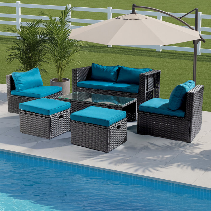 Patio 6-Piece Black Wicker Conversation Set With Malachite Green Cushions, Black, Malachite Green