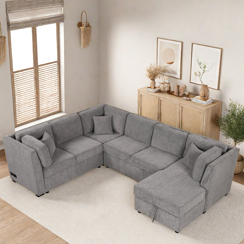 Canapé Ajwan avec deux ports USB, deux prises de courant, trois coussins de dossier et une chaise de rangement, Gris chenille