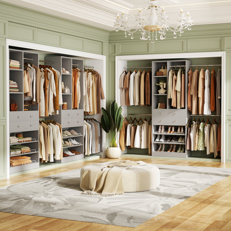 28" Wood Closet System With Drawers And Shelves, Reach-In Closet System For Closet, Gray