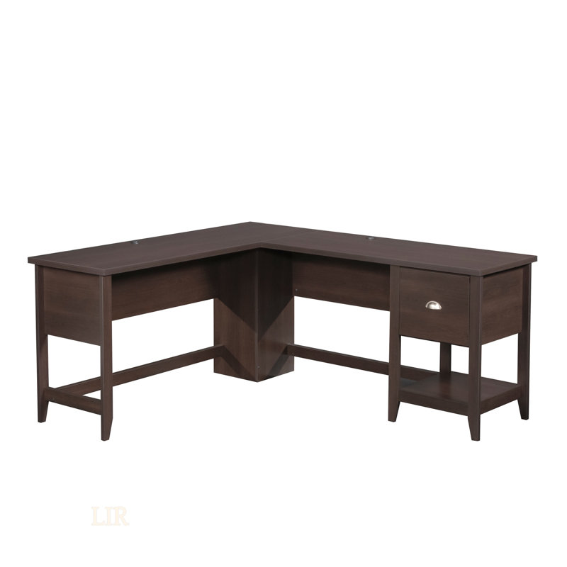 Bureau spacieux en forme de L avec finition brune durable et beaucoup de rangement, parfait pour les espaces de travail à la maison ou au bureau