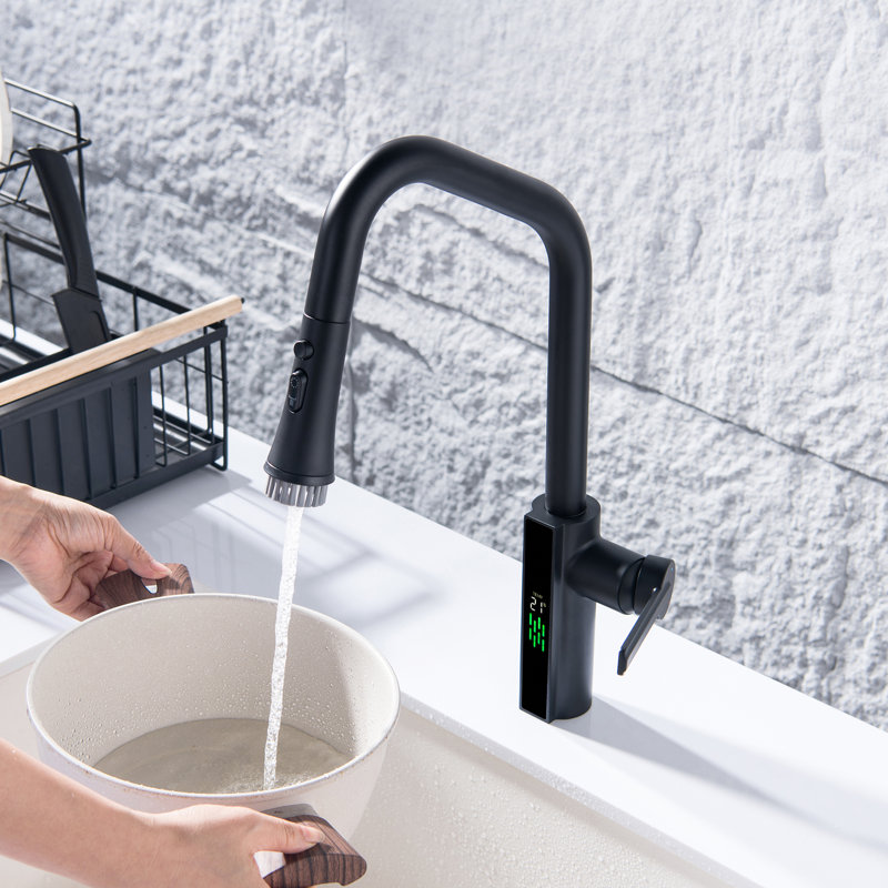 21.46" Kitchen Faucet with Pull Down Sprayer, Brass Temperature Digital Display Kitchen Sink Faucets, Matte Black