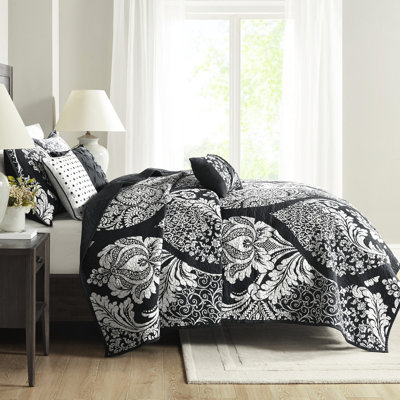 Courtepointe très grand / très grand en coton 6 pièces, motif complexe, revers croisés, revers uni et coussins de broderie avec coussins, très grand, noir, rembourré