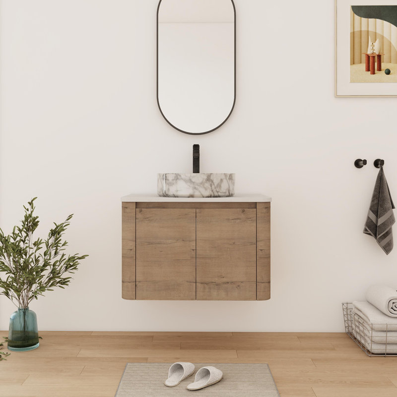 Meuble-lavabo flottant simple 30 po avec comptoir en céramique, Blanc / gris , 30", Brun