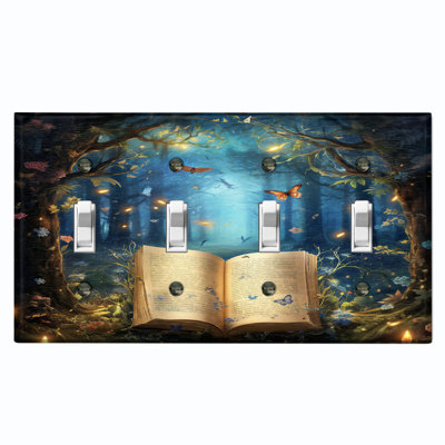 Metal Light Switch Plate Outlet Cover (Magical Ancient Book Forest Butterfly - Quadruple Toggle)