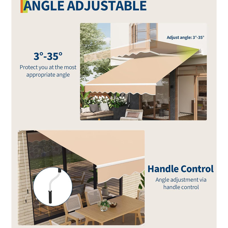 12' x 10' Manual Retractable Awning, Waterproof Patio Sun Shade with Aluminum Frame, 280 GSM Polyester Fabric, Adjustable Crank for Deck, Porch, or Balcony