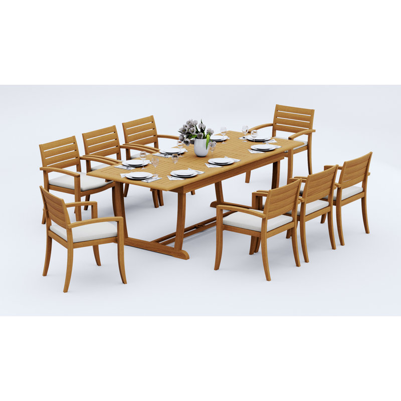 9 Pcs Grade-A Teak Wood Dining Set: 94" Double Extension Mas Rectangle Trestle Leg  Table And 8 Travota Stacking Arm Chairs #11TV2108