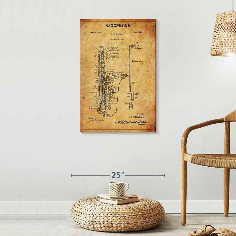 Brevet de saxophone sur toile, H 30 po x l 20 po x P 1,25 po