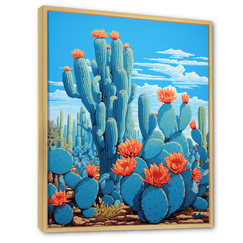 Cerulean Blue Cactus Collage sur toile, H 32 po x l 16 po x P 1 po, Cadre naturel flottant
