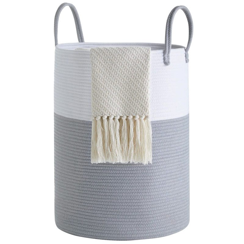 Fabric Laundry Basket with Handles, White/Grey