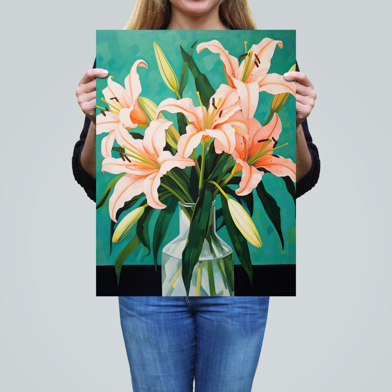 Wall Art Print Peach Lilies Oil Painting Teal Flowers in Glass Vase Colourful Poster