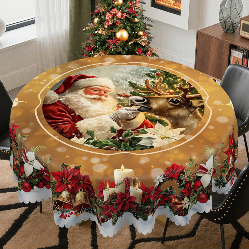 Washable Polyester Santa Claus Pattern Tablecloth for Christmas Decor