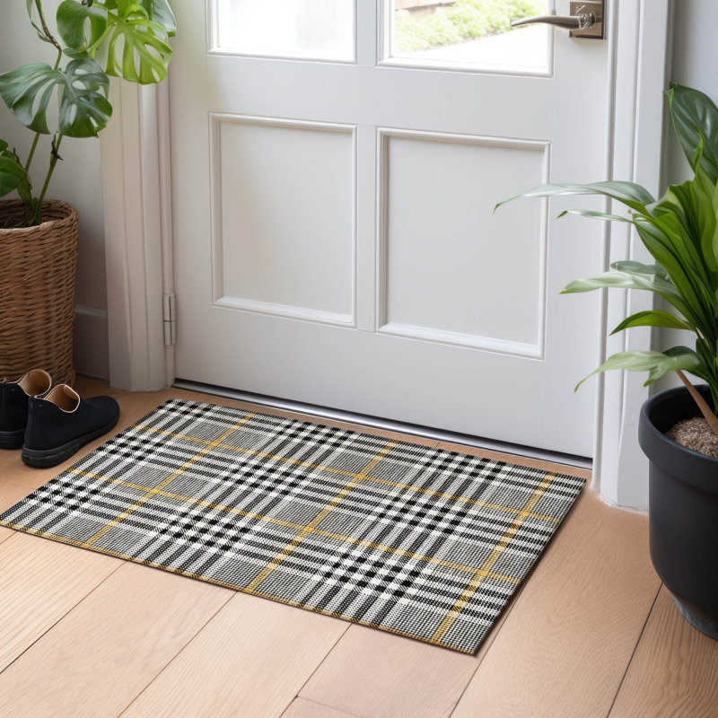 Addison 30" x 20" Black Synthetic Washable Plaid Rug