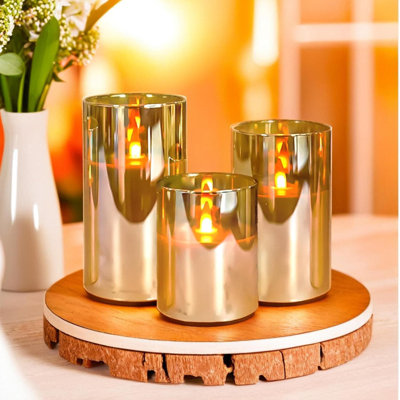3-Pack Gold Glass Flameless LED Candles: Battery-Operated with Remote & Timer, Real Wax, Flickering Radiance, 3x4"/5"/6"