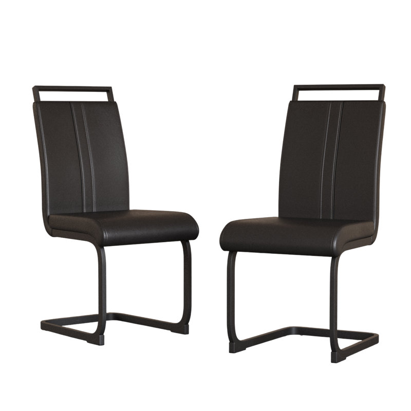 Set of 2 Modern Dining Chairs in Faux Leather with Black C-Shaped Legs, Black, Black