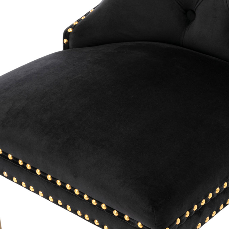 Tufted Velvet Wing Back Side Dining Chairs, Black, Mirror Gold