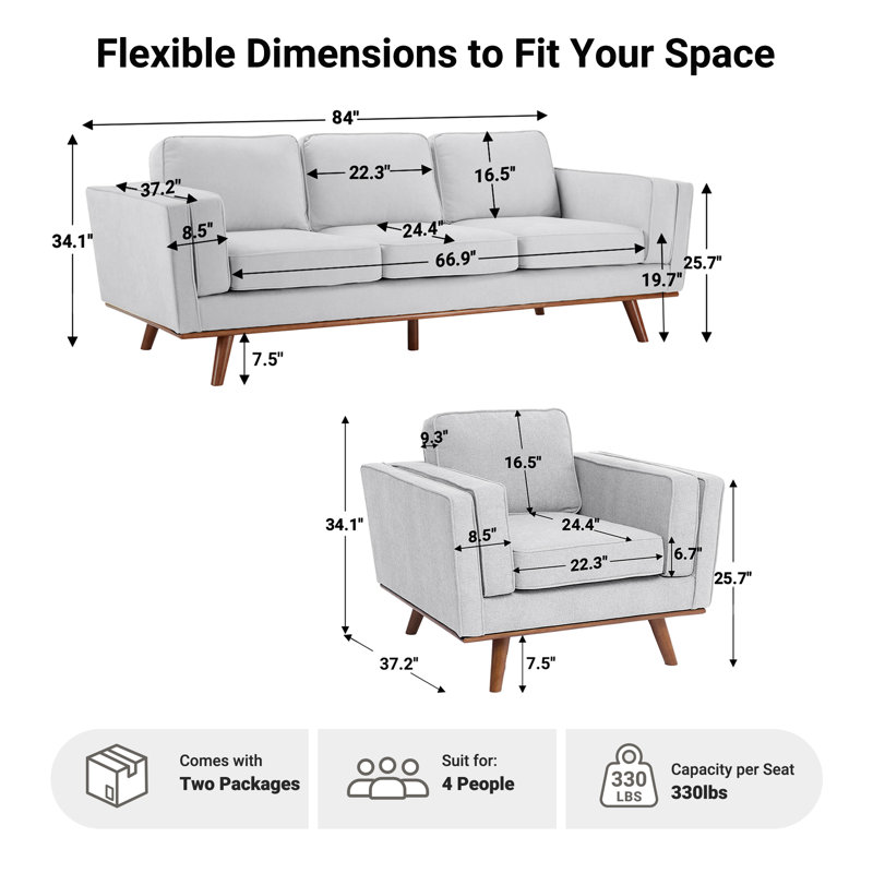 Carmen 2-Piece Upholstered Square Arm Sofa Set, 2 Pieces: Sofa, Chair, Dark Grey