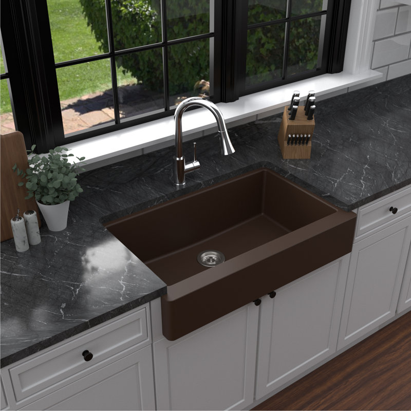 34'' L Single Bowl Quartz Kitchen Sink, Matte Brown