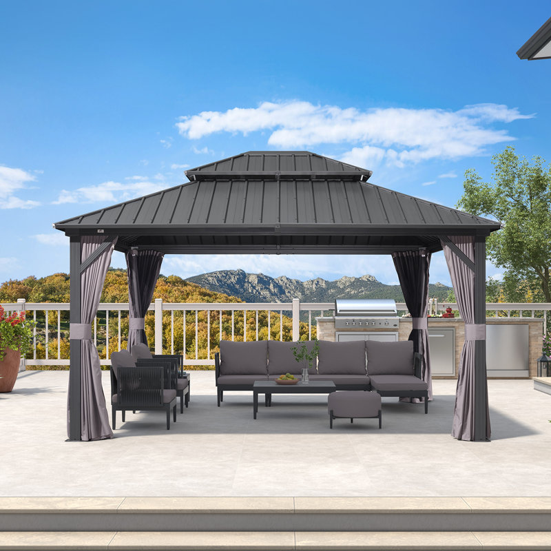 Pavillon de jardin d'extérieur en aluminium mauve 12 pi x 14 pi avec double toit en acier galvanisé robuste pour terrasse de patio, filet et rideaux inclus, gris