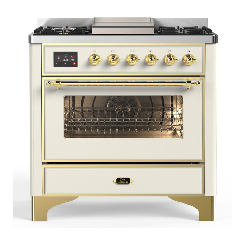 Majestic III Series 36 Inch Dual Fuel Range with 6 Sealed Burners, Griddle, in Glossy Black (Natural Gas, Brass Trim), Brass