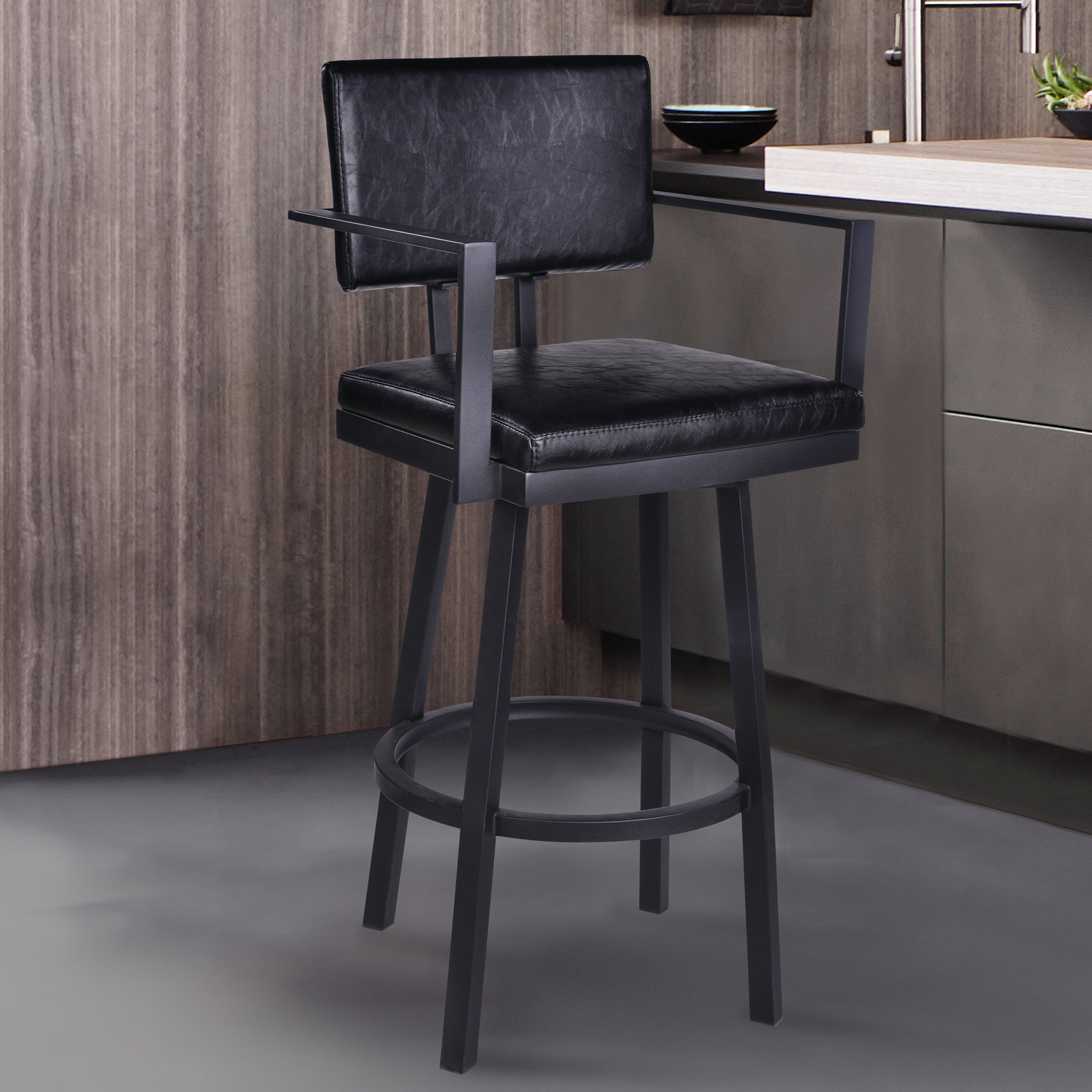 Nakagawa Swivel Counter or Bar Height Barstool with Arms and Footrest in Faux Leather Metal Legs