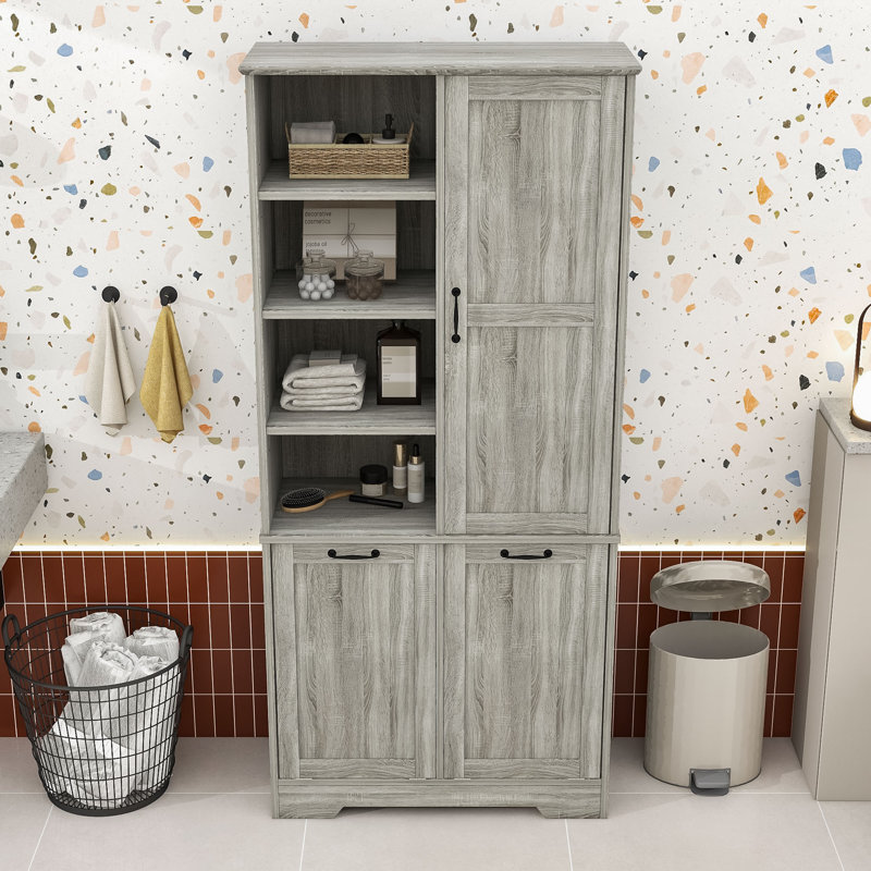 Armoire de rangement autoportante en bois avec tablettes réglables et paniers à linge inclinables, Chêne