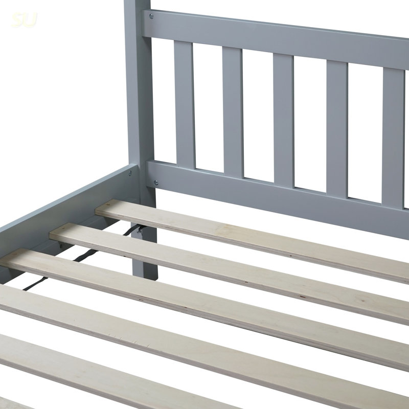 Twin Size House Bed With Roof Design, Solid Wood House Bed With Headboard And Footboard, Gray