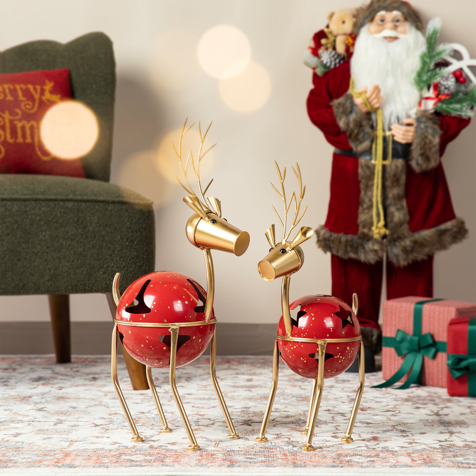 2-Piece Metal Reindeer Bell Holiday Accent Set