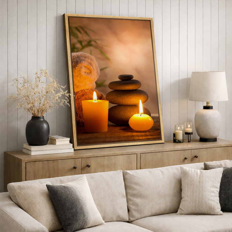 «Zen Stones Massage Spa with Warm Burning Candle», impression verticale sur toile, art mural, H 36 po x l 24 po