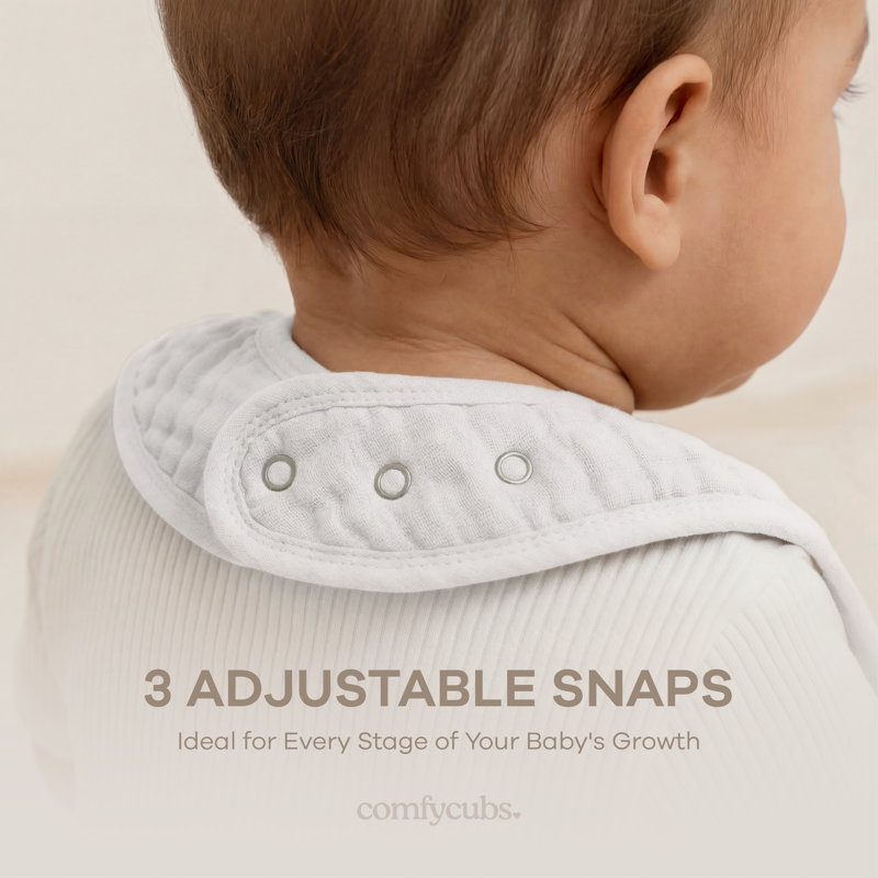 Comfy Cubs Muslin Bibs for Babies - Feeding, Drool and Teething Bib with Adjustable Snaps, White