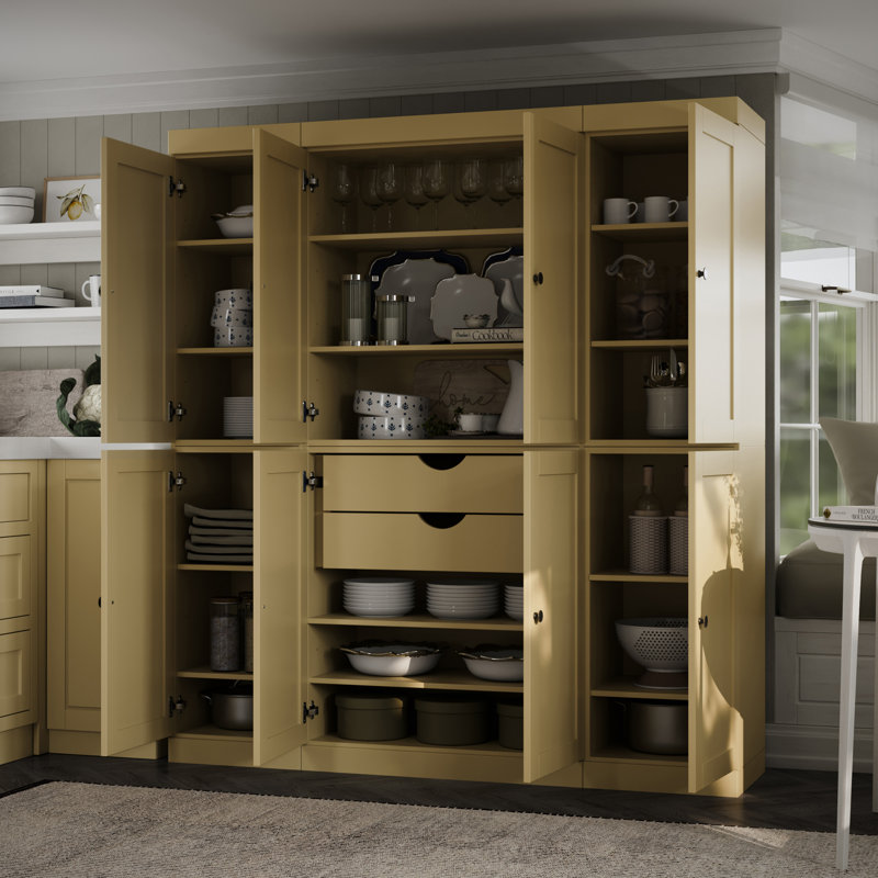 Garde-manger 100% en bois massif 65 po avec portes Shaker, 2 tiroirs et tablettes réglables, Jaune