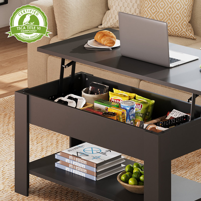 Sparta Lift-Top Coffee Table with Storage & Open Shelf, Modern Coffee Table, Square Coffee Table for Living Room, and Home Office